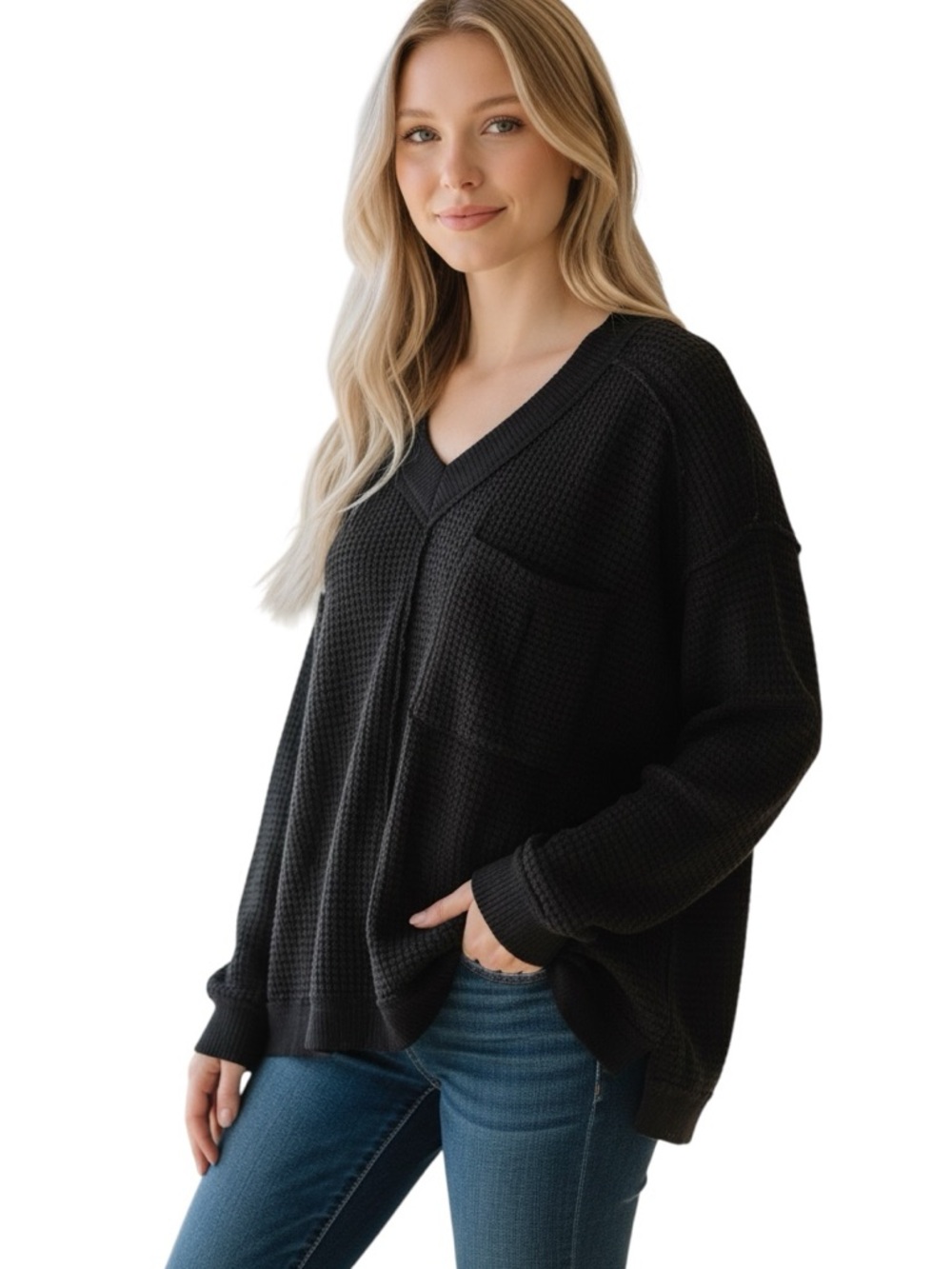 Polagram Black V-Neck Waffle Knit Sweater